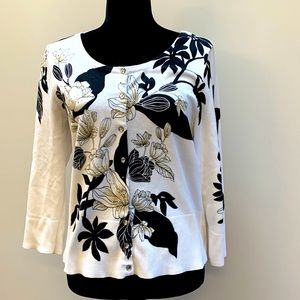 WHBM sparkly embellished cardigan sz L. Long sleeve. flower pattern snap front